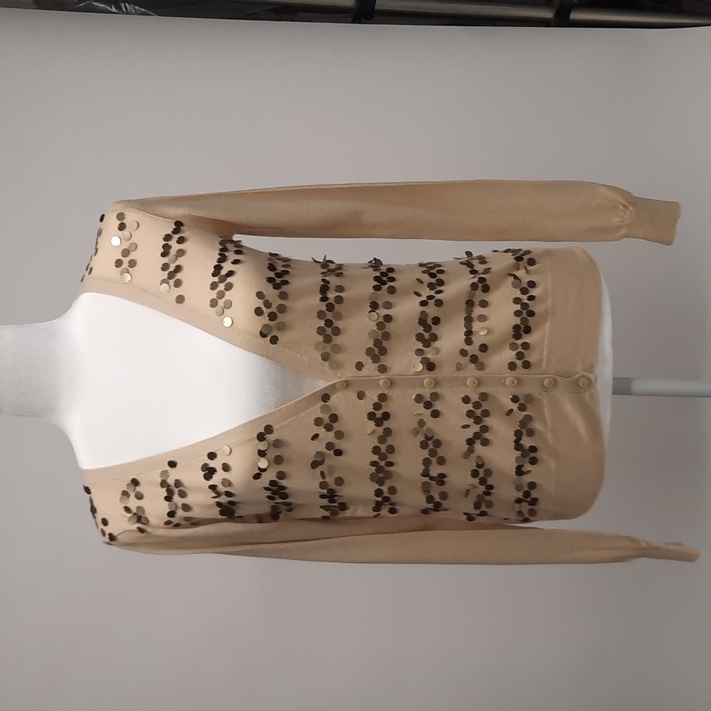 Moda International Beige V-Neck Cardigan with Bronze Sequins, Size S